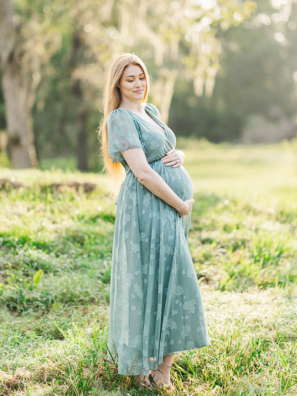 Momyknows Blue Floral Wrap Side Slit Big Swing Elegant Baby Moon Going Out Boho Maternity Photoshoot Baby Shower Maxi Dress