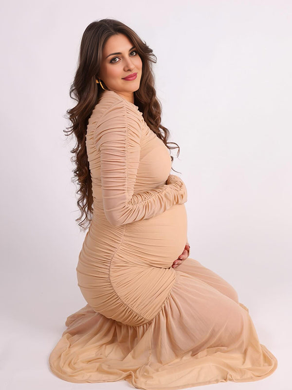 Momyknows Apricot Mesh Ruched Pleated Fish Tail Hem Round Neck Long Sleeve Bodycon Elegant Cocktail Party Gown Maternity Photoshoot Baby Shower Maxi Dress