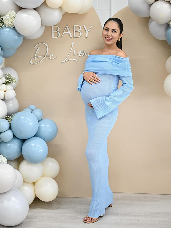 Momyknows Blue Knit Ruched Off Shoulder Flare Sleeve Bodycon Elegant Cocktail Party Gown Maternity Photoshoot Baby Shower Maxi Dress