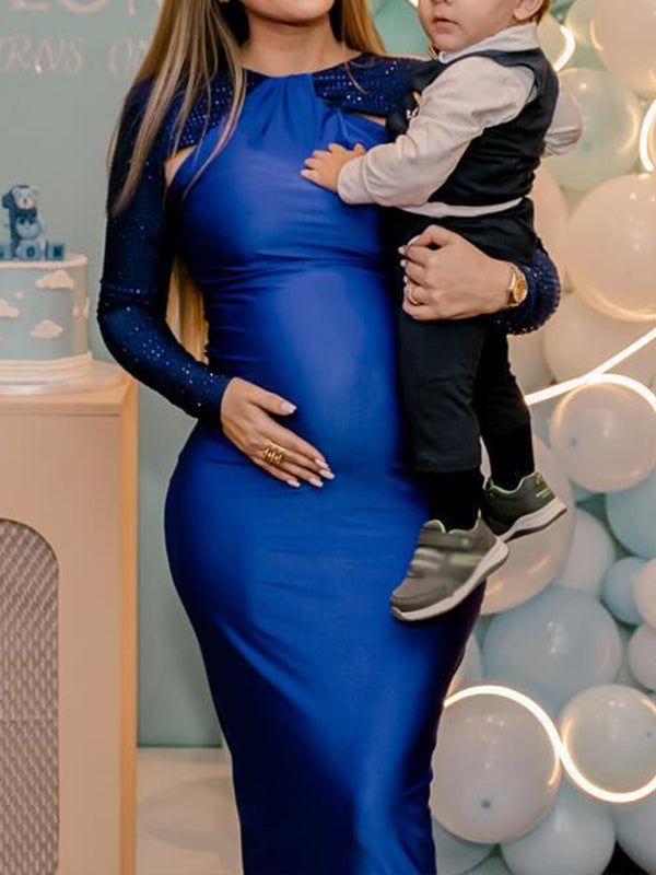 Momyknows Glitter Rhinestone Cut Out Raglan Sleeve Bodycon Elegant Cocktail Party Gown Maternity Photoshoot Baby Shower Maxi Dress