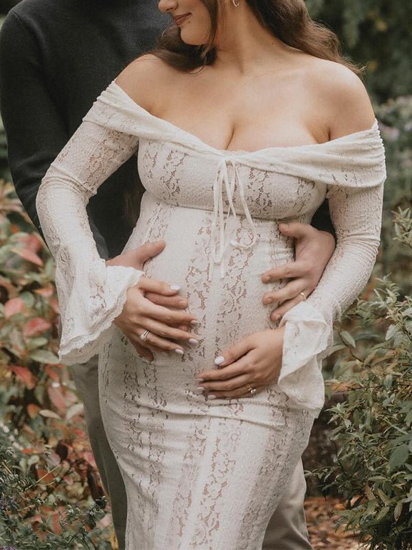 Momyknows White Off Shoulder Lace Bandeau Tie Front Mermaid Bandage Going Out Photoshoot Maternity Maxi Dress