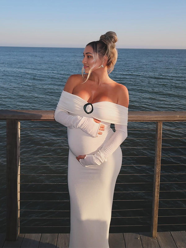 Momyknows Off Shoulder Ruched Draped Silver-tone Accent Thumbhole Cut-out Bodycon Elegant Cocktail Evening Gown Maternity Photoshoot Baby Shower Maxi Dress