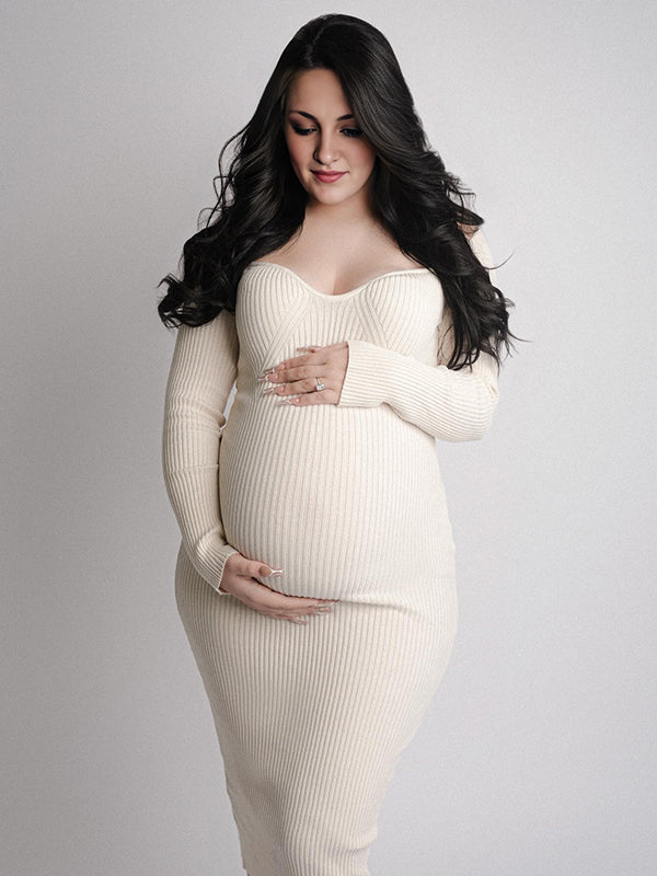 Momyknows Apricot Knit V-neck Bodycon Elegant Going Out Maternity Photoshoot Baby Shower Midi Sweater Dress