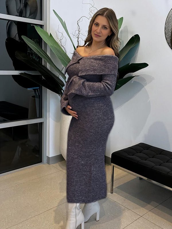 Momyknows Off Shoulder Fluffy Knit Bardot Neckline Flare Sleeve Bodycon Elegant Going Out Party Maternity Photoshoot Baby Shower Maxi Sweater Dress