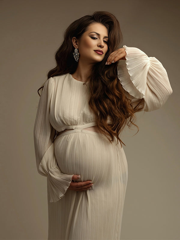 Momyknows Beige Cut Out Pleated Flare Sleeve Going Out Gowns Photoshoot Maternity Maxi Dress