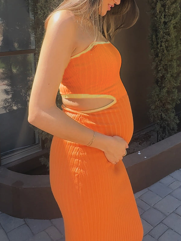 Momyknows Orange Hollow Bodycon Knitting Maternity Maxi Dress