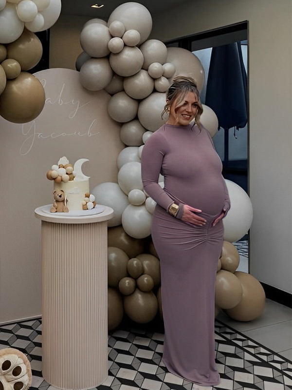 Momyknows Solid Color Ruched High Neck Long Sleeve Bodycon Basic Going Out Elegant Maternity Baby Shower Maxi Dress