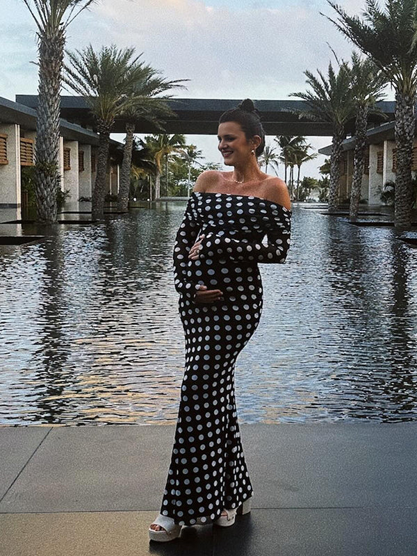 Momyknows Black And White Polka Dot Off Shoulder Ruched Bodycon Elegant Going Out Cocktail Maternity Photoshoot Maxi Dress