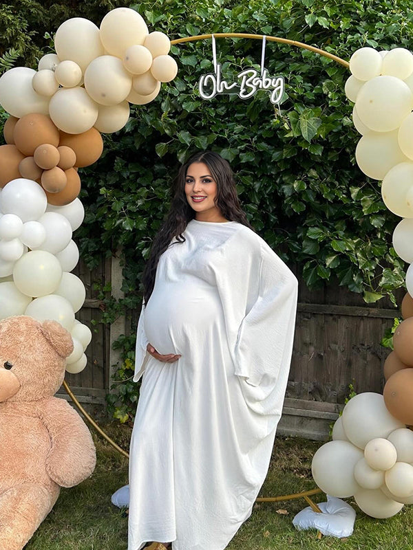 Momyknows Plus Size White Round Neck Batwing Sleeve Casual Cape Dress Elegant Maternity Baby Shower Maxi Dress