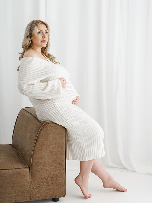 Momyknows Solid Color V-Neck Long Sleeve Knit Daily Photoshoot Maternity Midi Dress