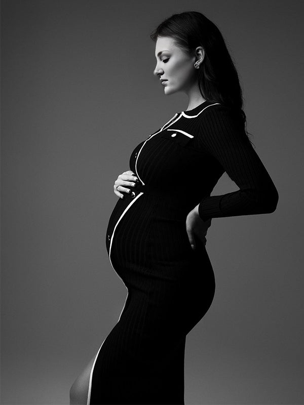 Momyknows Knitwear Single Breasted Front Split Buttons V-Neck Going Out Work Photoshoot Maternity Sweater Midi Dress