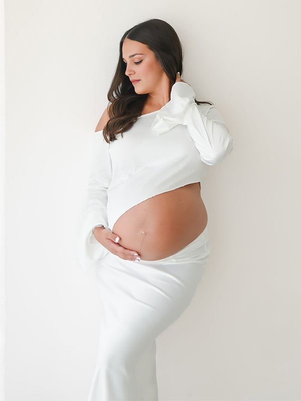 Momyknows White Satin Crop Irregular 2-in-1 Bodycon Mermaid Photoshoot Maternity Maxi Dress