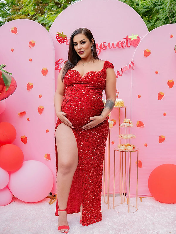 Momyknows Red Glitter Sequin Off Shoulder Side Slit Sweetheart Neckline Bodycon Elegant Holiday Party Maternity Baby Shower Maxi Dress