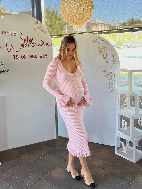 Momyknows Pink Knit Falbala Ruffle Hem Single Breasted Flare Sleeve Bodycon Elegant Hoing Out Maternity Babyshower Maxi Sweater Dress