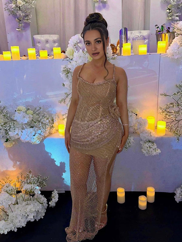 Momyknows Golden Glitter Diamonds Rhinestone 3D Flower Mesh Fishnet Slit Slit Backless Bodycon Elegant Cocktail Party Sheer Maternity Photoshoot Maxi Dress