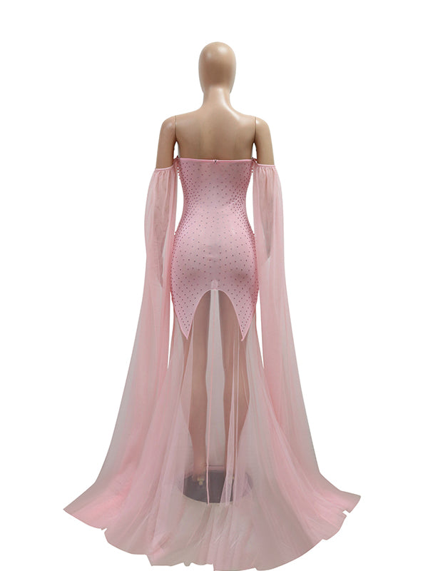 Momyknows Flowy Off Shoulder Tulle Beading Pearls Rhinestone