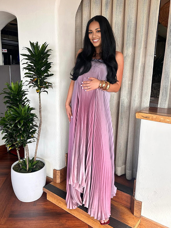 Momyknows Pink Gradient Color Bandeau Pleated Big Swing Strapless Elegant Cocktail Party Maternity Photoshoot Baby Shower Maxi Dress