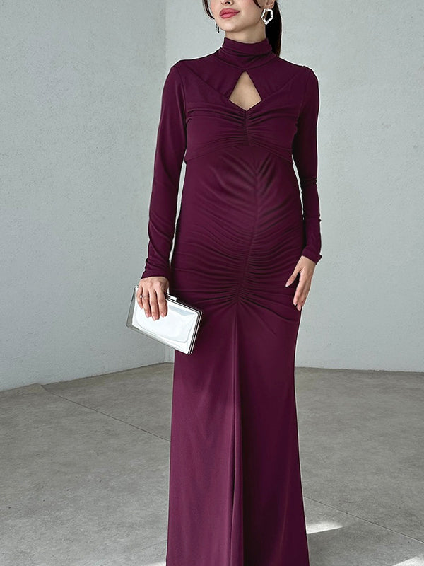 Momyknows Purple High Neck Ruffle  Backless Ruched Hollow Bodycon  Elegant Maternity Maxi Dress