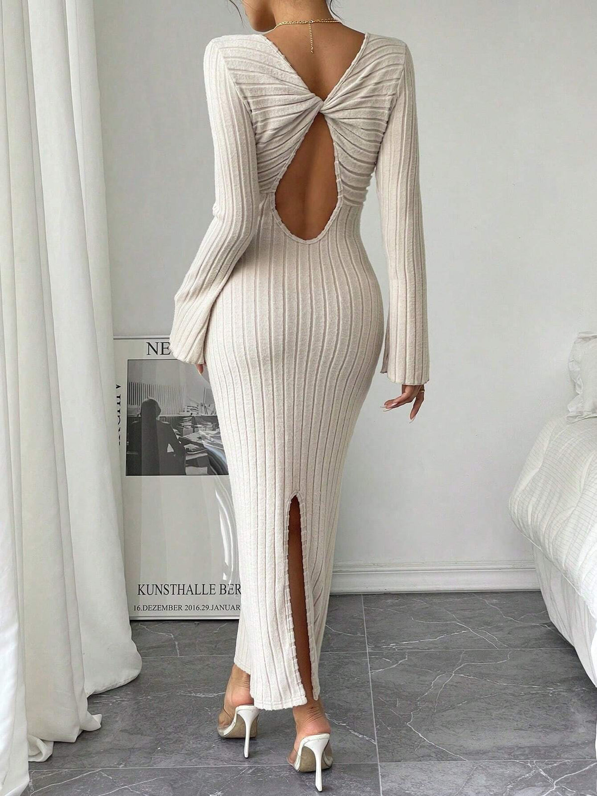 Momyknows Apricot Striped Solid Color Daily Casual Backless Side Slit Maternity Maxi Dress, Apricot / M