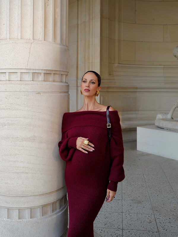 Momyknows Off Shoulder Bodycon Crochet Going Out Fashion Maternity Photoshoot Sweater Maxi Dress