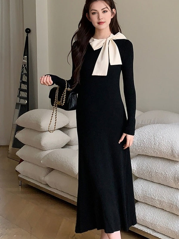 Momyknows Black Bowknot Round Neck Daily Going out Maternity Photoshoot Maxi Dress