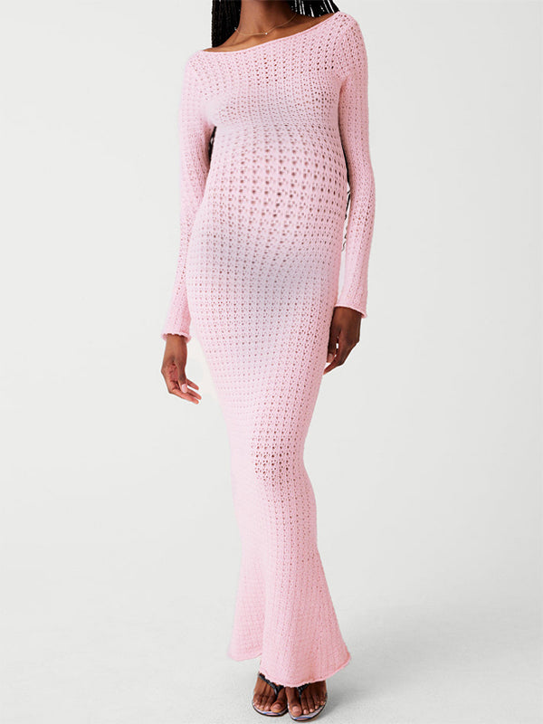 Momyknows Pink  Long Sleeve Beach Cut Out Bodycon Photoshoot  Maternity Maxi Dress