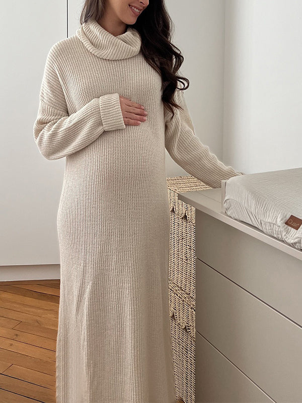 Momyknows Beige  High Neck Solid Color Long Sleeve Maternity Maxi Sweater Dress