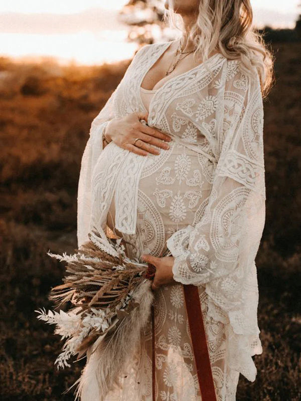 Momyknows Boho White Lace Open Belly Belt Robe Elegant Sheer Maternity Photoshoot Maxi Dress