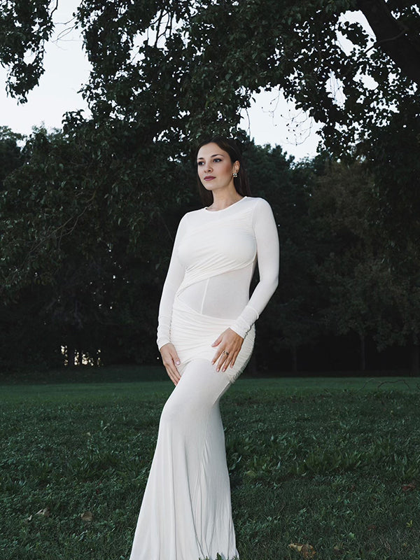 Momyknows White Ruched Round Neck Long Sleeve Bodycon Sheer Elegant Maternity Photoshoot Maxi Dress