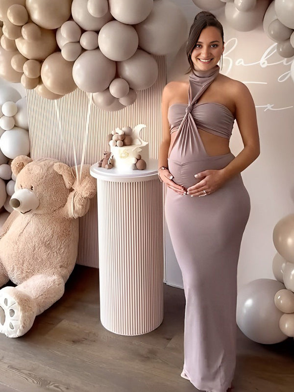 Momyknows Brown Cut Out Twist Ruched Backless Bodycon Elegant Maternity Baby Shower Maxi Dress