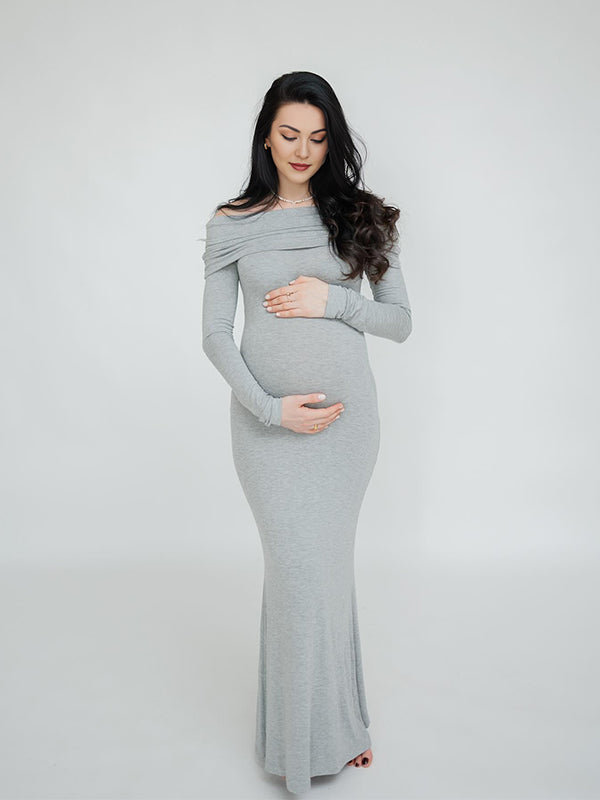 Momyknows Grey Off Shoulder Mermaid Elegant Going Out Maternity Photoshoot Maxi Dress