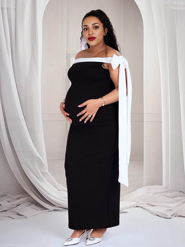 Momyknows Black And White Hit Color Off Shoulder Bow Bodycon Elegant Formal Gown Maternity Photoshoot Maxi Dress