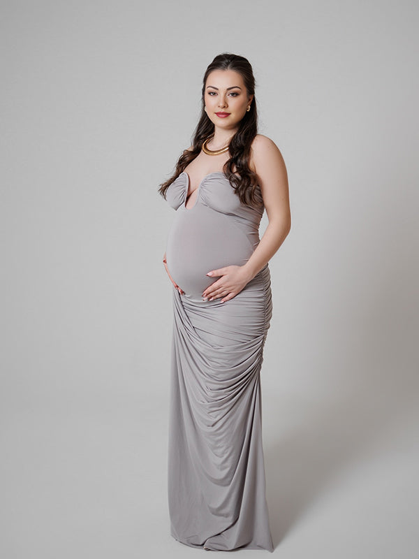 Momyknows Taupe Ruched Bandeau Deep Plunge Neck Strapless Bodycon Elegant Evening Gown Maternity Photoshoot Maxi Dress