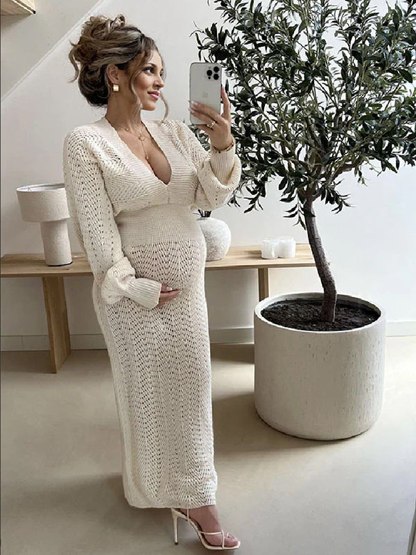 Momyknows White Crochet Knit Hollow Out Deep V-neck Lantern Sleeve Bodycon Elegant Going Out Maternity Sweater Maxi Dress