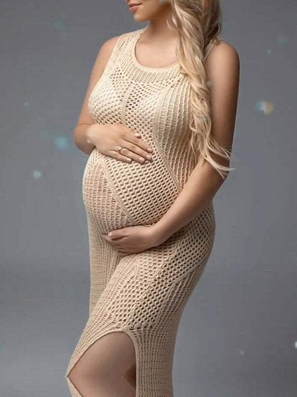 Momyknows Chic Apricot Double Slit Crochet Knitwear Distressed Cutout Maternity Photoshoot Maxi Dress