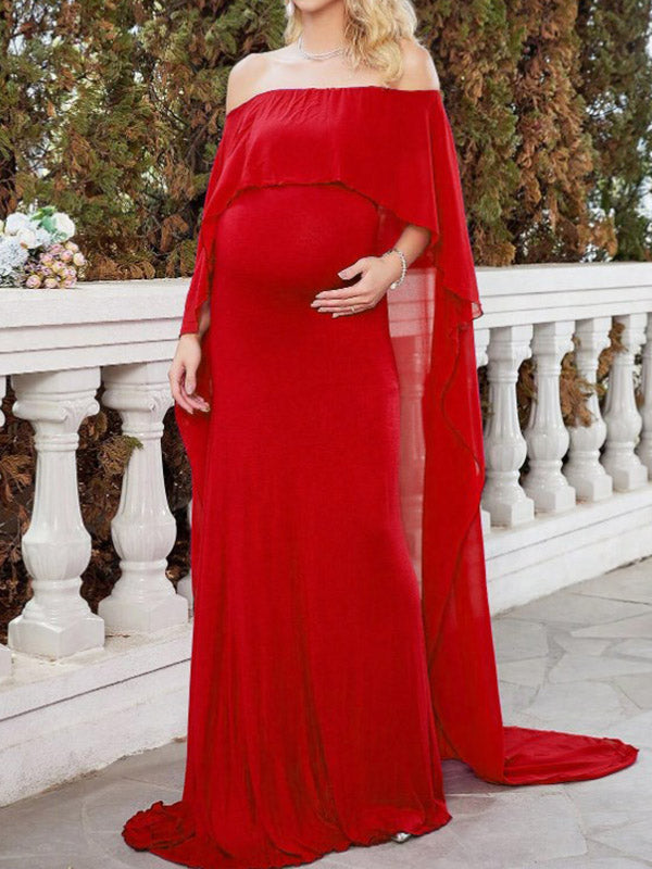Momyknows Elegant Irregular Falbala Floor Mopping Off Shoulder Flowy Maternity Photoshoot Maxi Dress