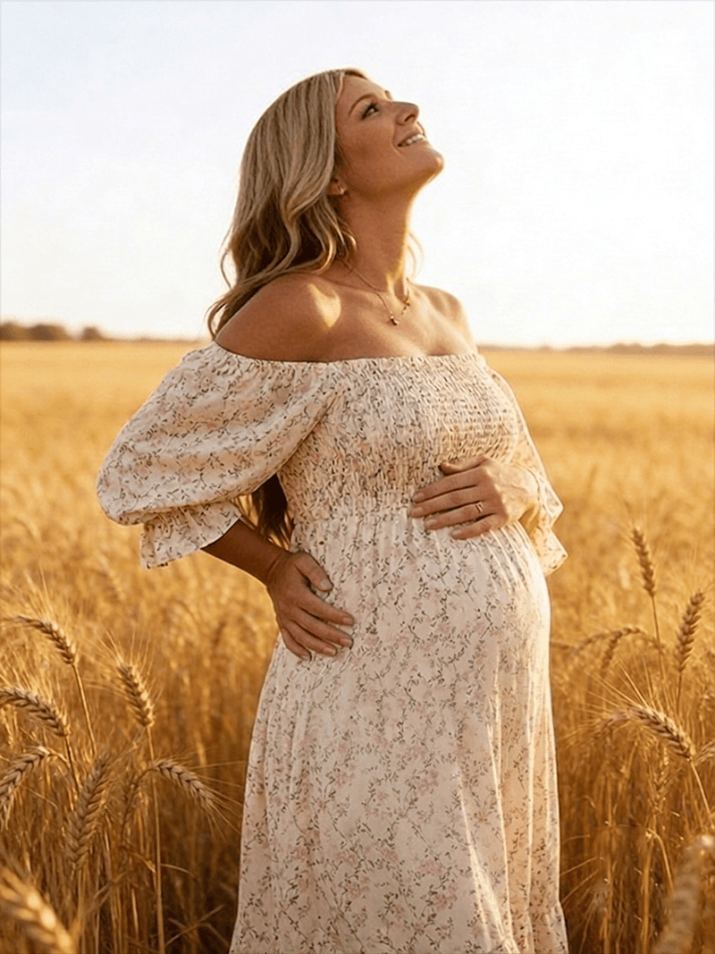 Momyknows Ruffle Ruched High Waist Puff Sleeve Cute Photoshoot Western Maternity Maxi Dress - Apricot - 2
