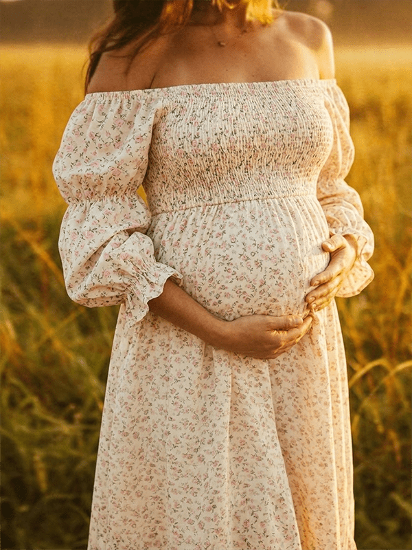 Momyknows Ruffle Ruched High Waist Puff Sleeve Cute Photoshoot Western Maternity Maxi Dress - Apricot - 1