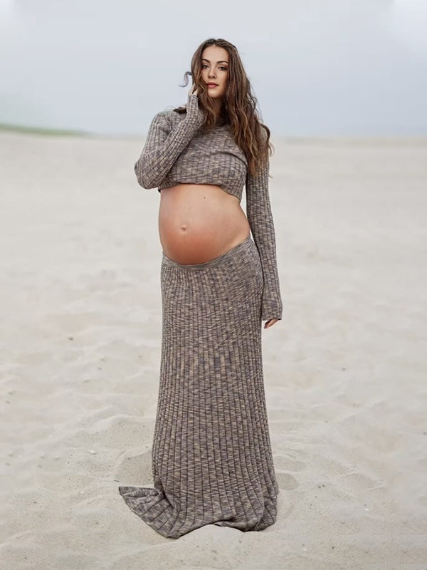 Momyknows Coffee 2-in-1 Knit Flowy Elegant Photoshoot Baby Shower Maternity Maxi Dress