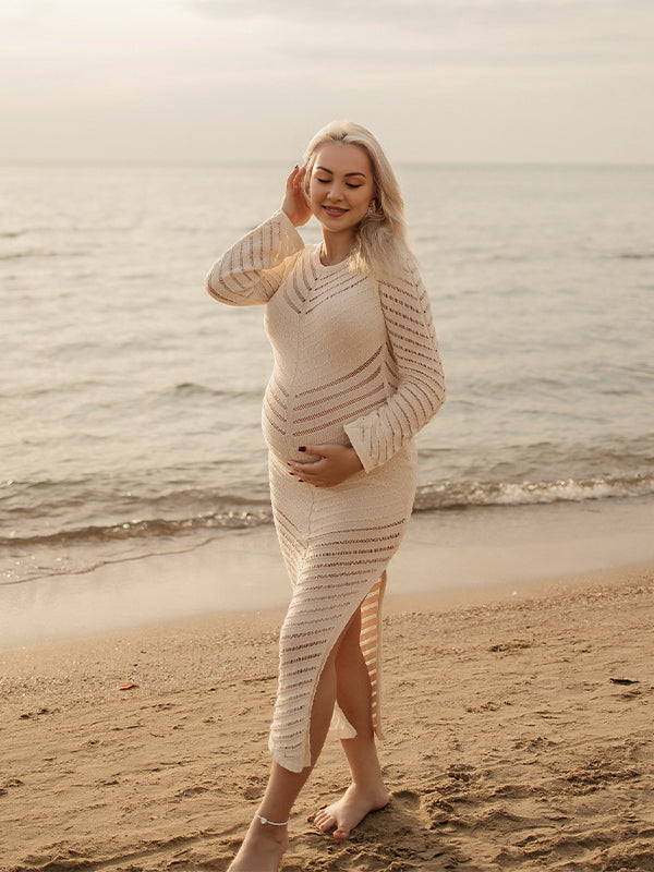 Momyknows White Striped Cut Out Sheer Bodycon Elegant Photoshoot Baby Shower Maternity Maxi Dress