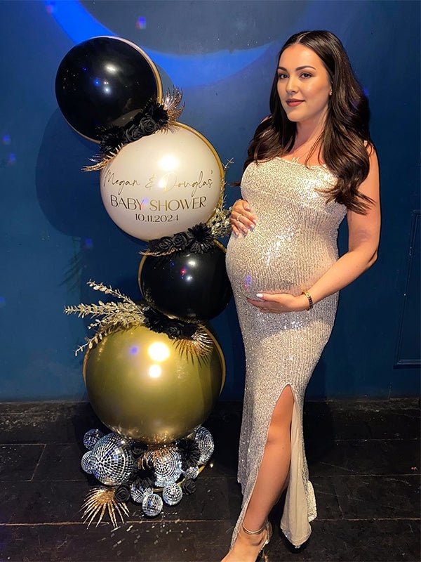 Momyknows Silver Sequin Side Slit Backless Halter Neck Bodycon Evening Christmas Party Cocktail Baby Shower Maternity Maxi Dress