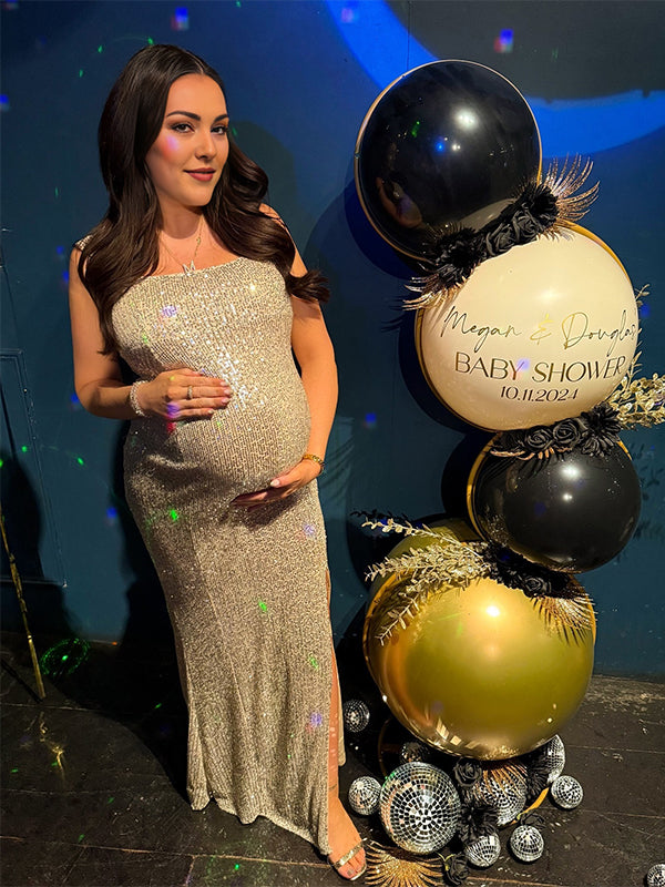 Momyknows Silver Sequin Side Slit Backless Halter Neck Bodycon Evening Christmas Party Cocktail Baby Shower Maternity Maxi Dress