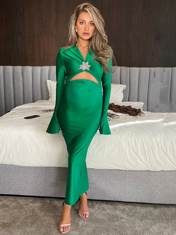 Momyknows Cut Out Flare Sleeve V-neck Bodycon Evening Christmas Party Cocktail Photoshoot Maternity Maxi Dress