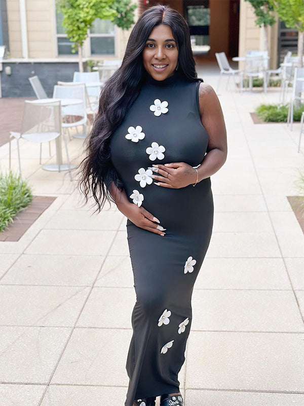 Momyknows Black Diamond Flowers Cut Out Bodycon Party Baby Shower Maternity Maxi Dress