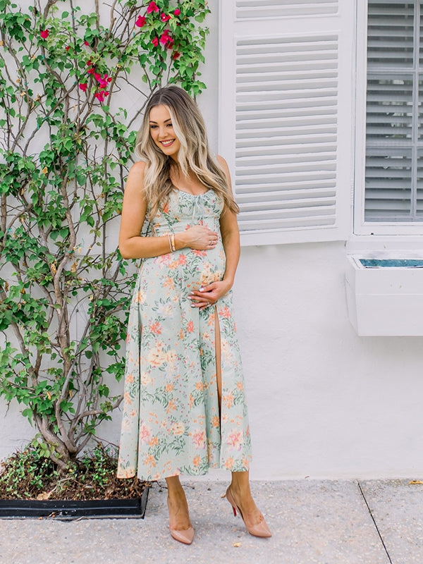 Momyknows Green Floral Side Slit Ruffle Bow Flowy Back Zipper Photoshoot Baby Shower Maternity Maxi Dress