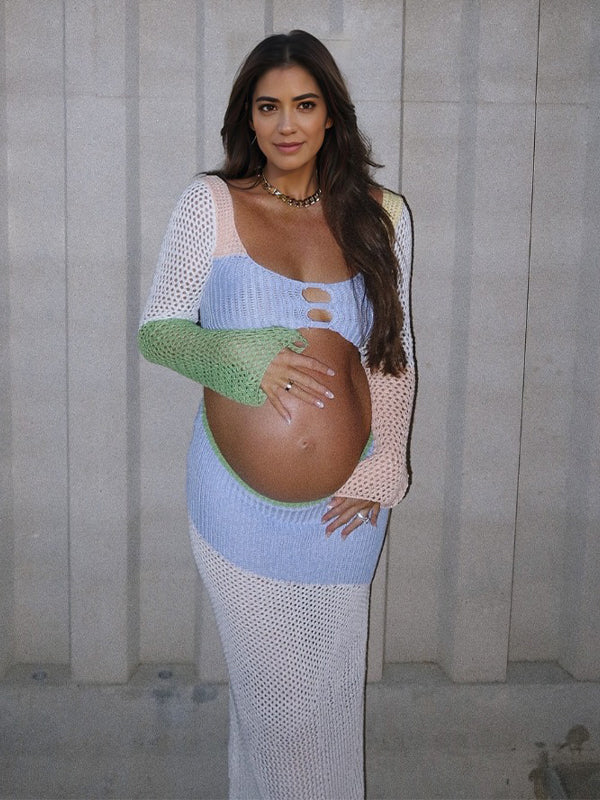 Momyknows Color Block 2 Piece Set Crochet Backless Back Tie Photoshoot Baby Shower Beach Vacation Maternity Maxi Dress