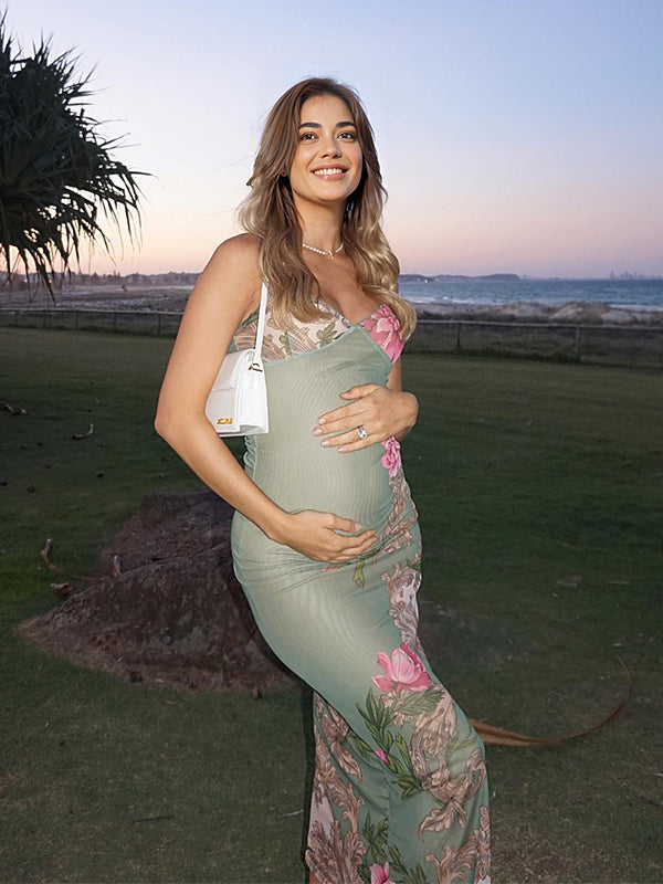 Momyknows Green Flowers Spaghetti Strap Bodycon Fashion Baby Shower Vacation Maternity Maxi Dress