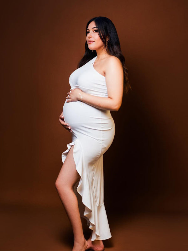 Momyknows White One Shoulder Ruffle Side Slit Twist Elegant Photoshoot Baby Shower Maternity Maxi Dress