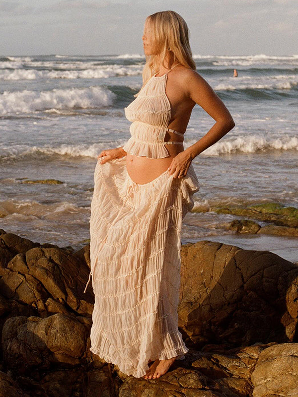 Momyknows Beige 2 Piece Smocked Ruffle Backless Flowy Elegant Vacation Beach Photoshoot Maternity Maxi Dress