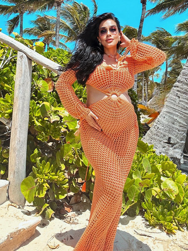 Momyknows Orange Cut Out Tassel Sheer Vacation Beach Cover Up Bodycon Fashion Maternity Maxi Dress